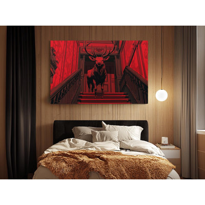 Impression sur toile captivante mystique rouge cerf gothique - majestueux escalier mural pour décor intérieur