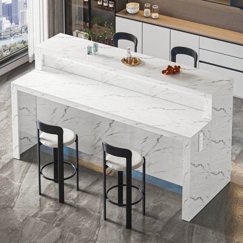 2-Tire Faux Marble Kitchen Island Dining Table with LED Light, Modern Stationary Kitchen Island with Power Outlet for Dining Room