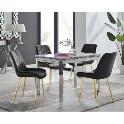 Tierra Modern Glass & Metal Extendable Dining Table Set & 6 Luxury Upholstered Velvet Dining Chairs