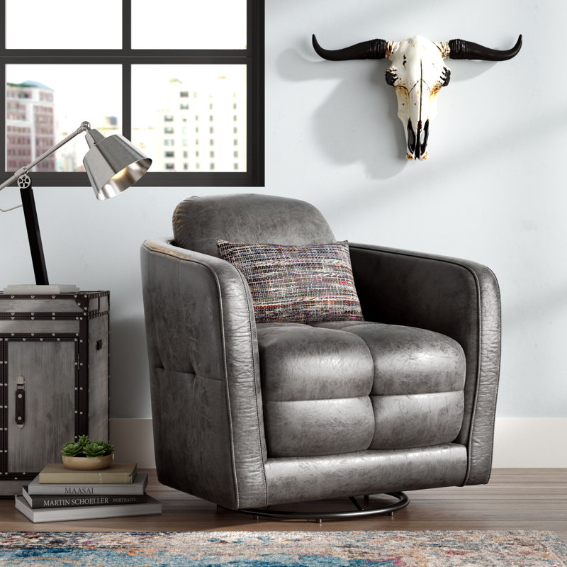 Cecil Upholstered Swivel Barrel Chair, Palance Steel