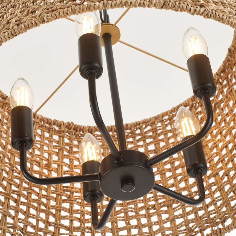 Lustre 5 lumières en rotin tissé à la main Boho Farmhouse, Noir mat