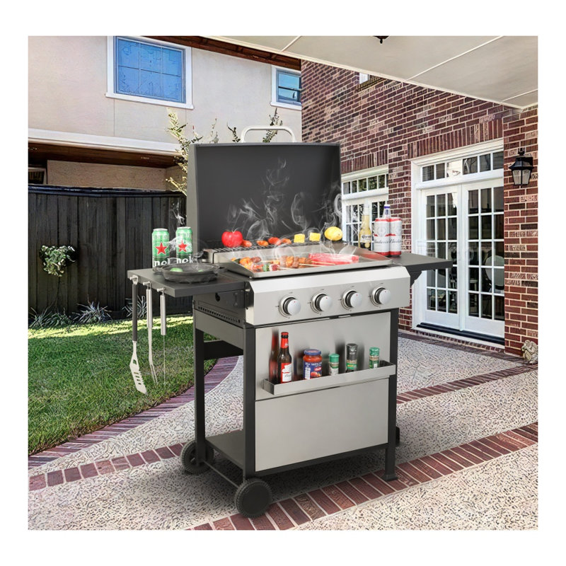 Barbecue au propane à 4 brûleurs avec plancha en acier inoxydable, puissance de 49 200 BTU, barbecue extérieur noir et argent avec tables d'appoint pliables
