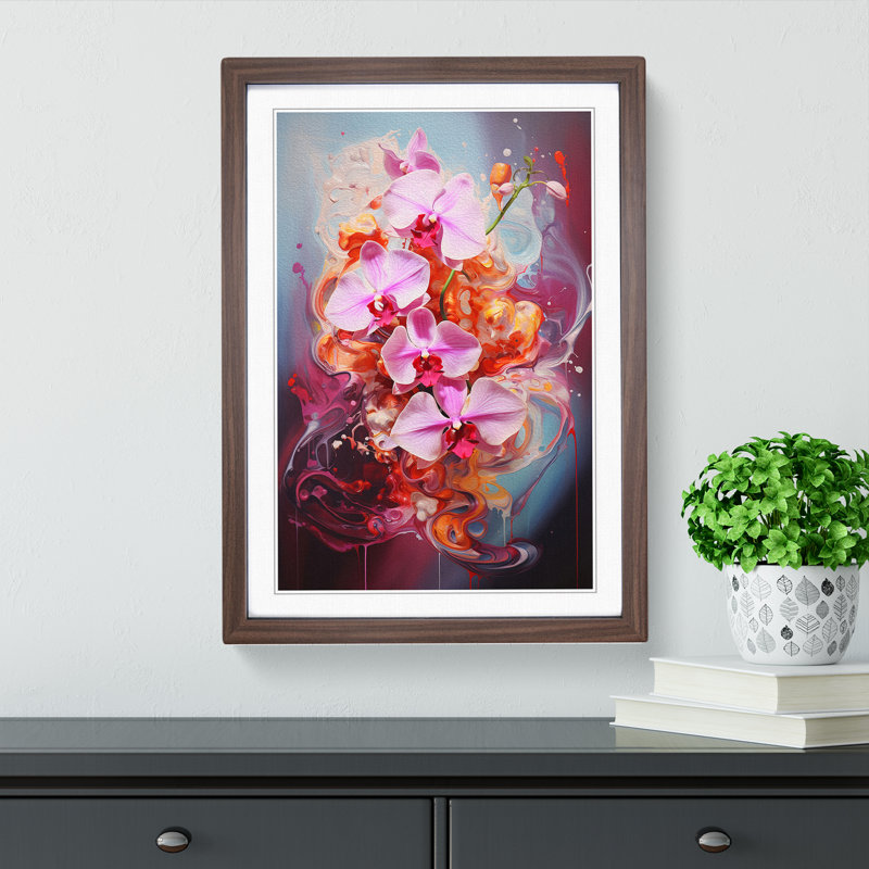 Orchid Flower Action - Single Picture Frame Print on Wood, 46cm H x 34cm W x 2cm D, Walnut