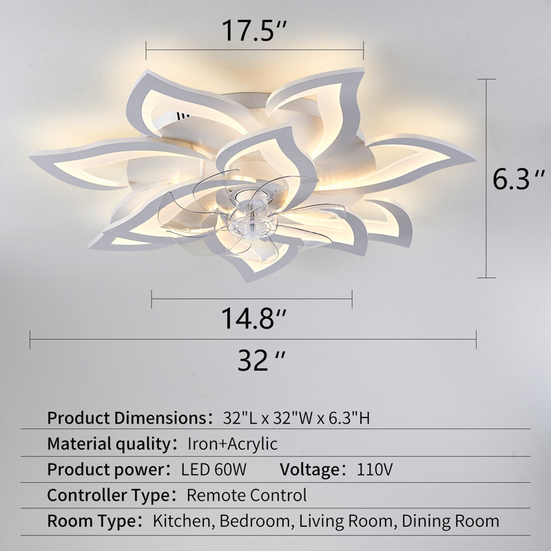 White Ceiling Fan With Lights Remote Control,  6 Speeds 3 Light Color Low Profile Flush Mount Ceiling Fan For Kitchen Bedroom