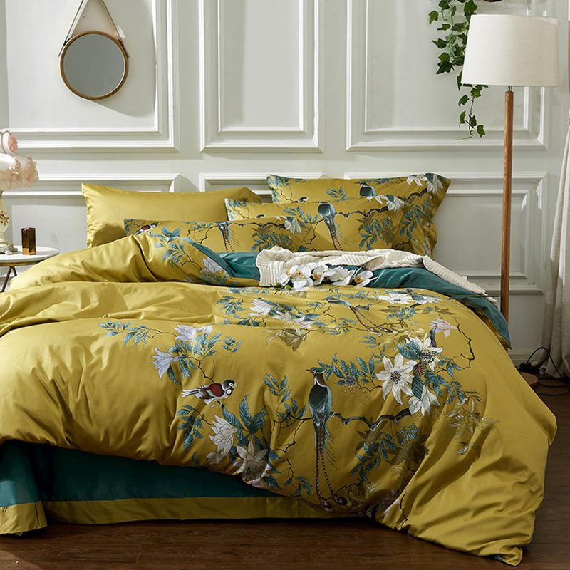 Duvet Cover Set King Size Bird Flower Pattern Soft Long Staple Cotton Floral Bedding Comforter Cover Set With Zipper Ties, Soft, Breathable, Easy Care-King Size