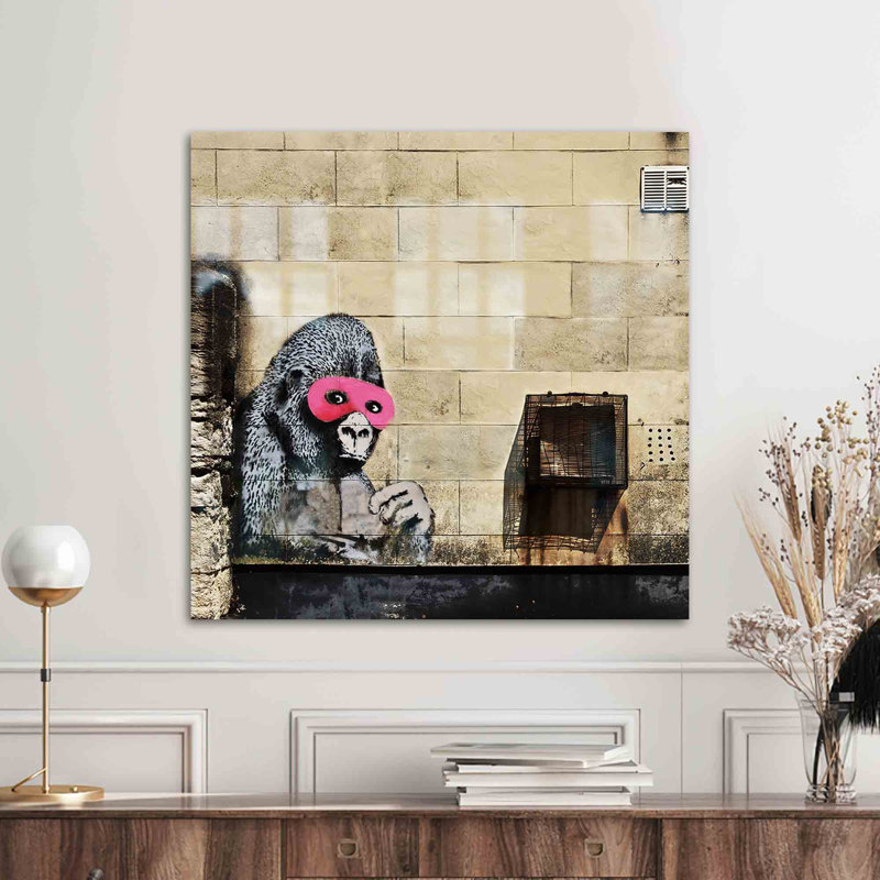Banksy Inspired Gorilla In Pink Mask Wall Art Printed on Tempered Glass for Contemporary Home and Office Decor