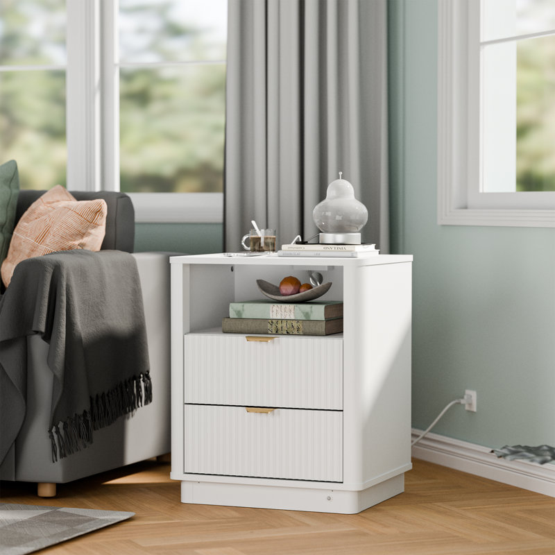  Fluted Nightstand, Curved Night Stand With Charging Station Lighting, Wood Side Table With 2 Drawers, Modern End Table Storage Cabinet For Bedroom(1, White)