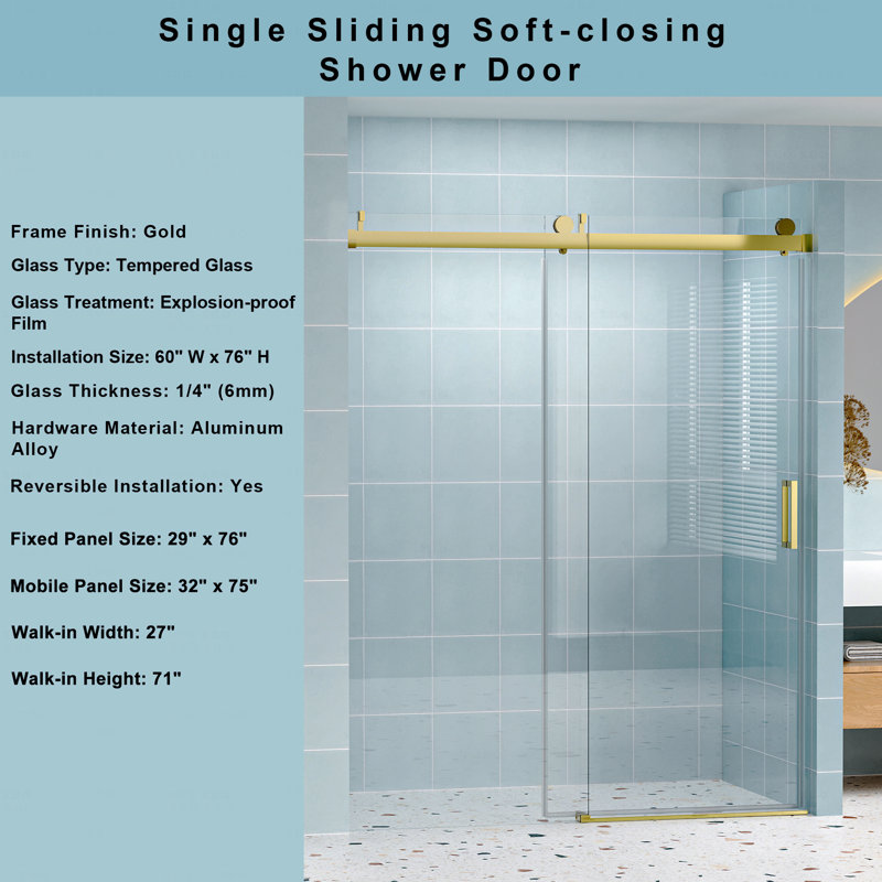 56"  - 60" W X 76" H Frameless Design Soft-Closing Single Sliding Opening Shower Door  - 1/4" (6Mm) Tempered Glass With Explosion-Proof Coating Via Express Delivery