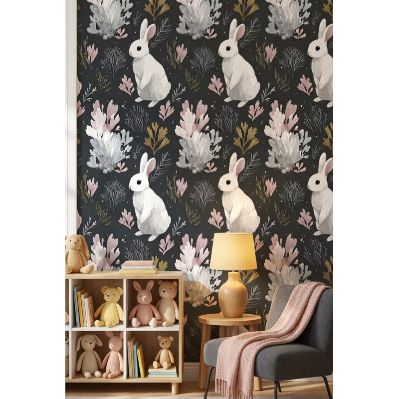 Rabbit Wallpaper Botanical Dark Wall Mural, Peel and Stick