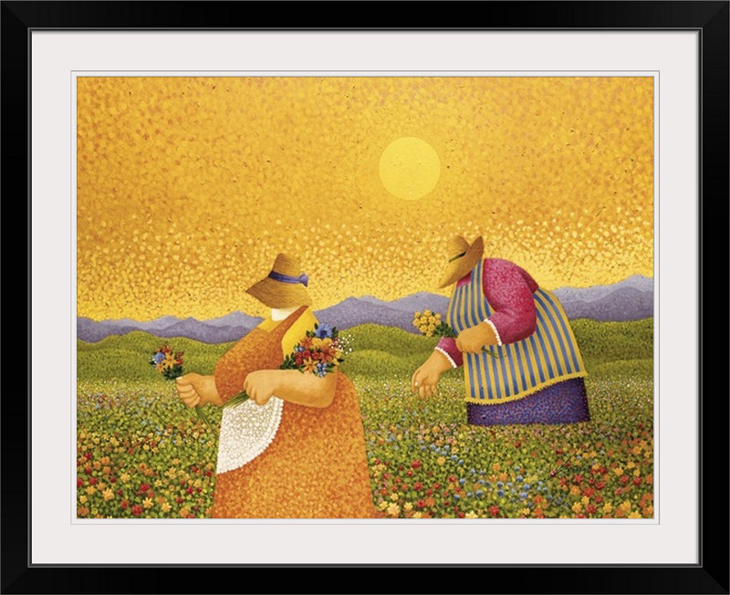 «Lowell Herrero» par Anjelina cueillant des fleurs sauvages, Cadre noir, H 35 po x l 44 po x P 1 po