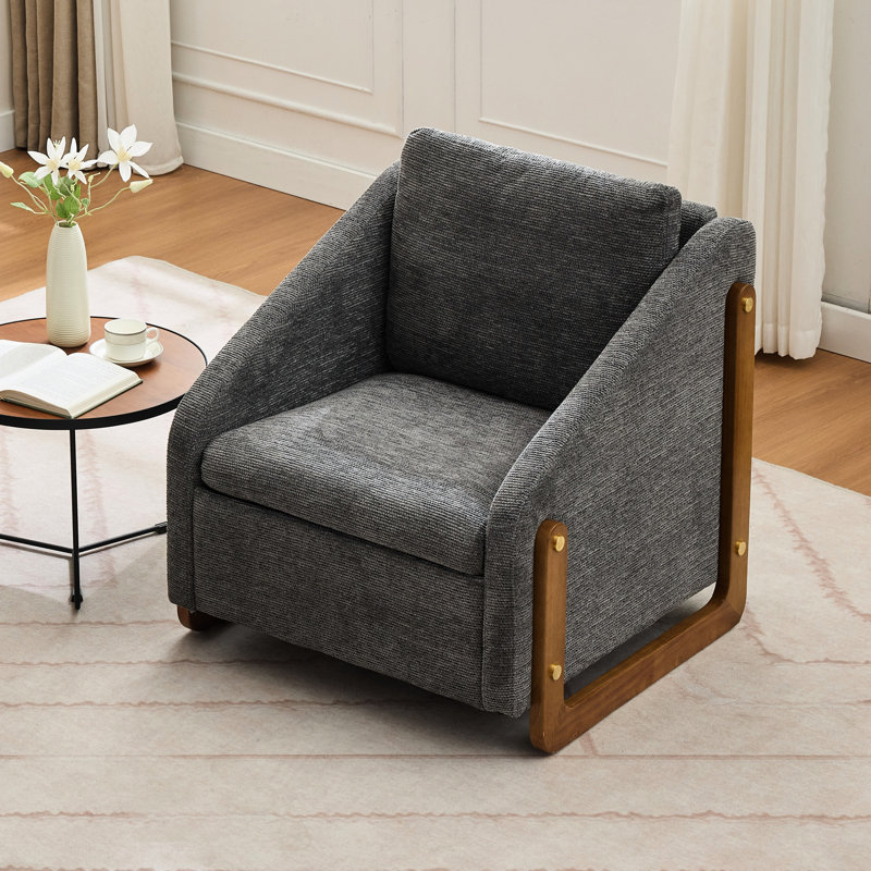 Fauteuil en chenille rembourré de mousse avec structure latérale en bois pour le salon - coussin gris, Gris