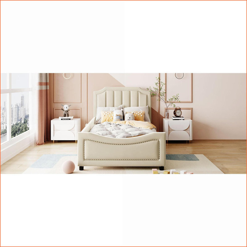 Twin Size Velvet Upholstered Daybed with Classic Stripe Headboard, Beige - No Box Spring Needed, Pine Wood Frame, Beige