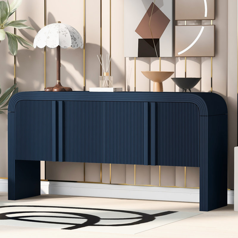 Console 63 pouces à motif ondulé moderne avec 4 portes et tablettes réglables, Marine