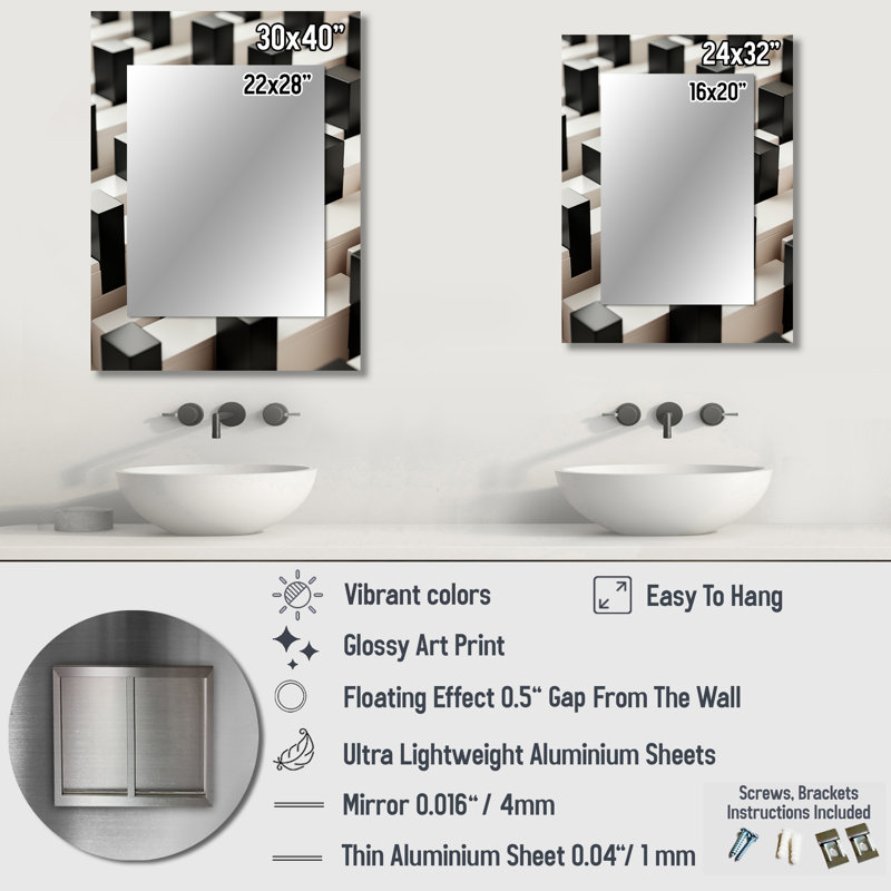 Miroir mural noir et blanc abstrait III, 32 po x 24 po