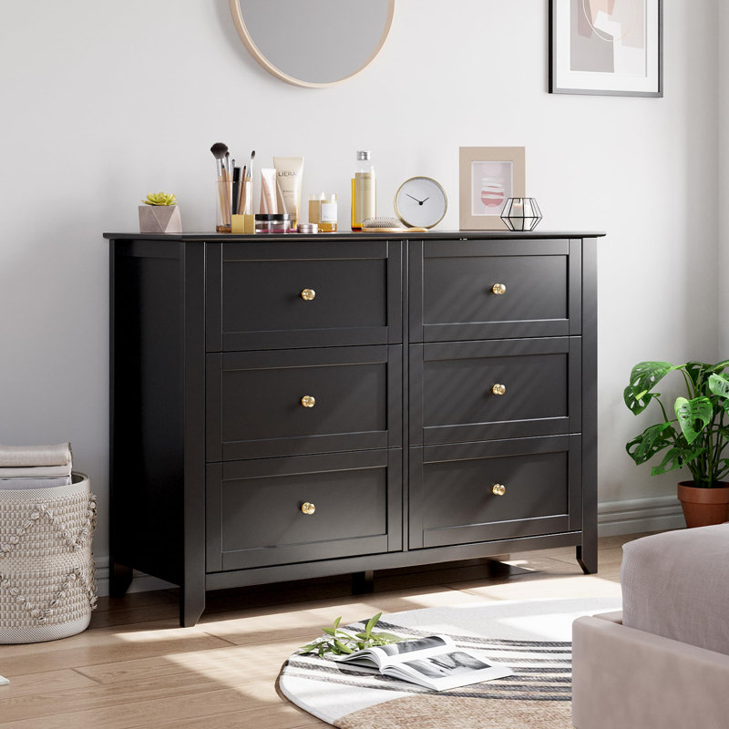Modern 6 Drawer Dresser for Bedroom, 48" TV Stand Wood Storage Cabinet Chest Organizer, Black