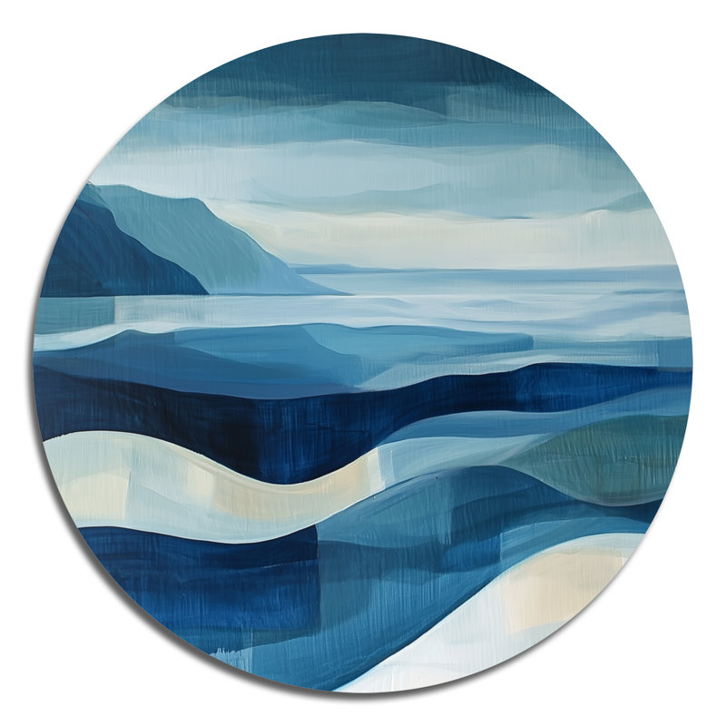 «Blue Ethereal Coastal Horizon II», art mural rond en métal abstrait, H 16 po x l 16 po