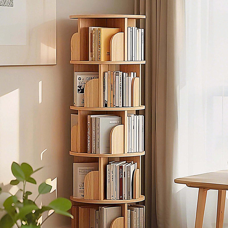 Bibliothèque rotative à 5 niveaux, bibliothèque ronde pivotante à 360 °, peu encombrante, petite bibliothèque rotative pour chambre à coucher, salon, maison, bureau, couleur bois