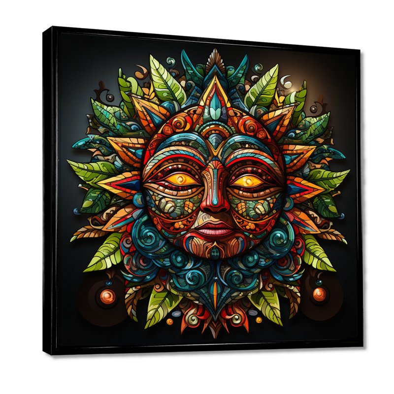 Masque de dieu aztèque Indigène - art mural amérindien salon, H 30 po x l 30 po x P 1 po, Toile avec cadre flottant noir