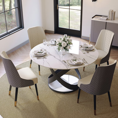 5/7 Pieces Dining Set Modern Dining Table Sets, Round Glossy Sintered Stone Dining Table With Gray Dining Chairs