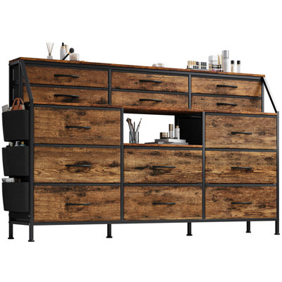 14-Drawer Fabric Dresser TV Stand with Side Pockets & Open Shelves – 55-Inch Storage Cabinet, Wood Top, Metal Frame – Organizer for Bedroom, Living Room, Closet