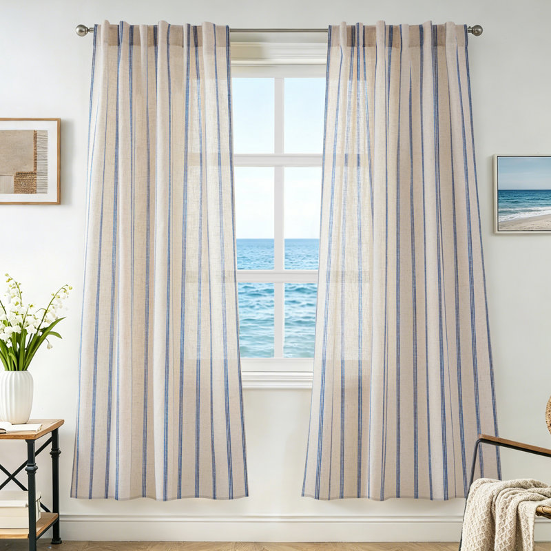 Farmhouse Striped Linen Blend Textured Light Filtering Semi Sheer Rod Pocket Back Tab Curtains, 52" W x 72" L, Navy
