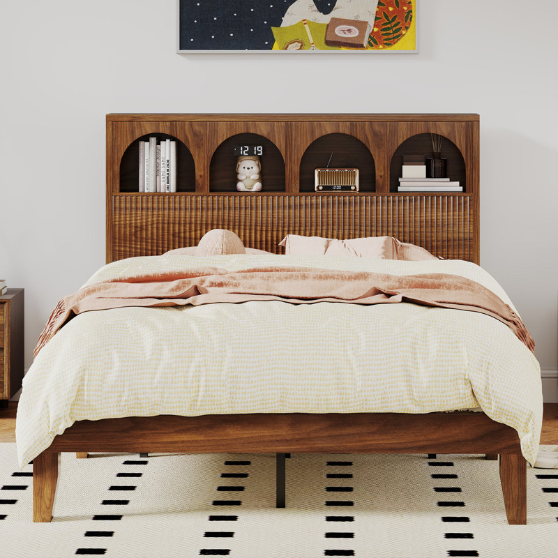 Queen Bed Frame With Storage Headboard, No Box Spring Required, Walnut, Full