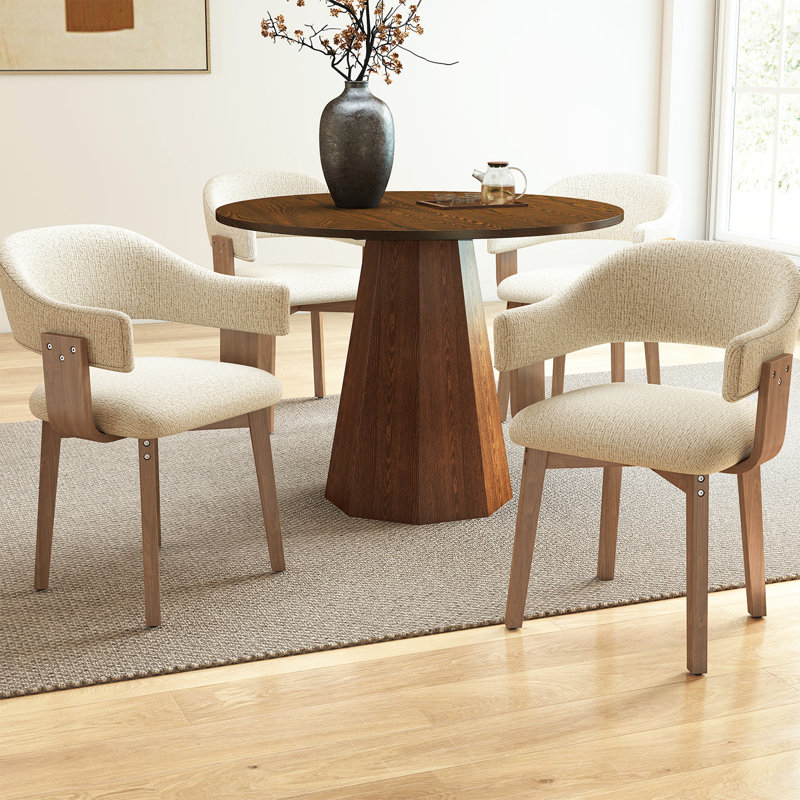 Modern 5-Piece Round Brown Dining Set With Upholstered Chairs With Backrest And Armrests, Fit For 4 People, Brown, Beige