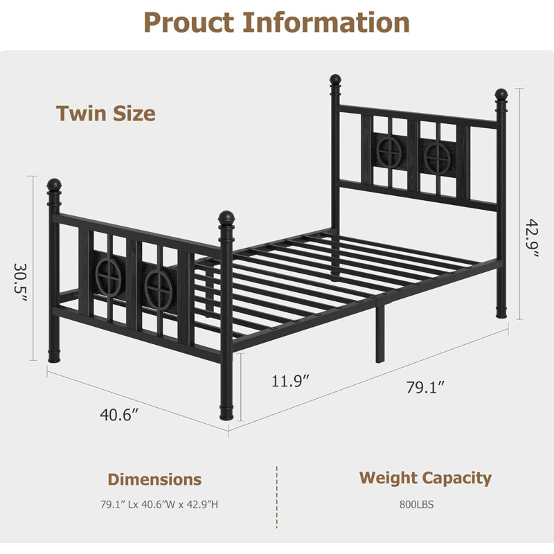 Oriental Vintage Style Metal Platform Bed, Twin Size/Black