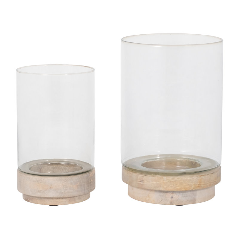 Sagebrook Home Iron and Glass Candle Holders on Mango Wood Base - Elegant Home Decor Essentials for Serenity, White