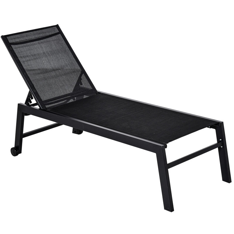 Poolside Chaise With 5 And 2 Wheels - Black Outdoor Lounge For Beach, Lawn Beach Patio Chair, Adjustable , Wheels, Lawn,