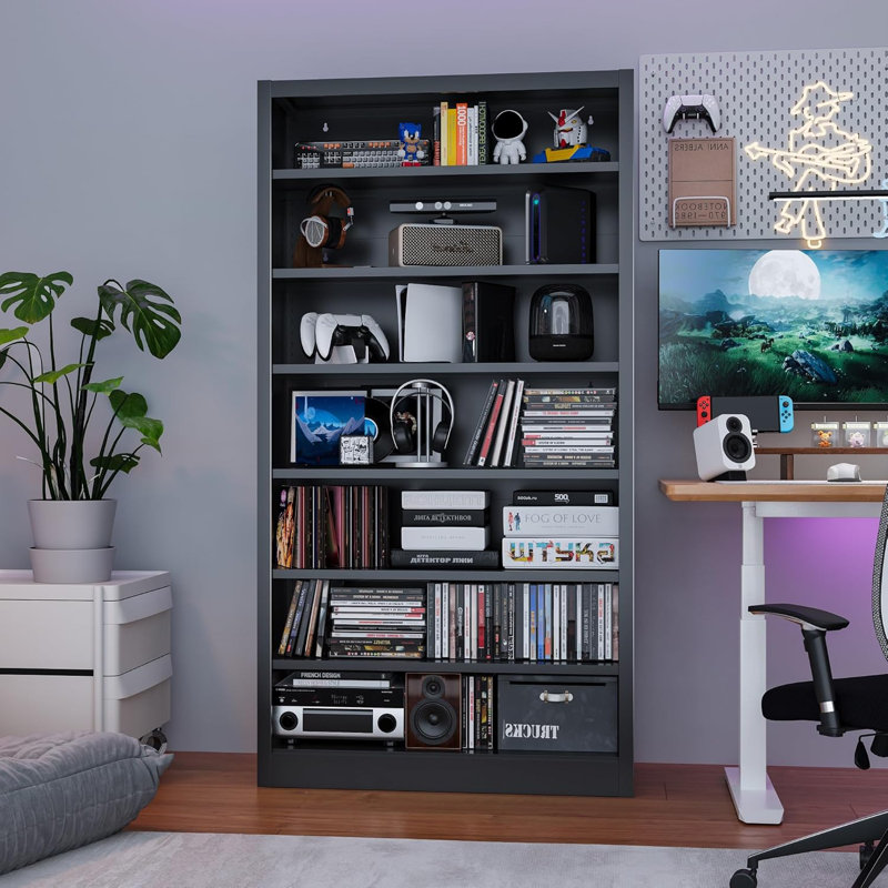 Armoires de rangement en métal pour DVD, étagère de rangement pour CD à 7 niveaux avec tablettes réglables, Noir