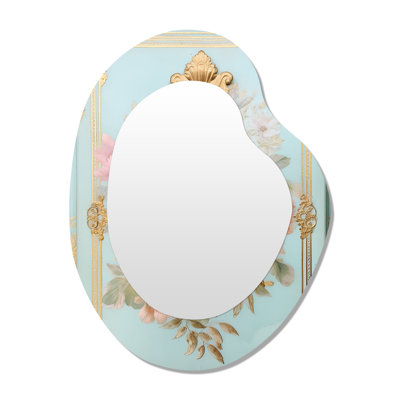 Pastel Pink Vintage Gold Collage - Peony Irregular Shape Mirror, Gold Asymmetrical Decorative Wall Mirror, Printed Metal Art