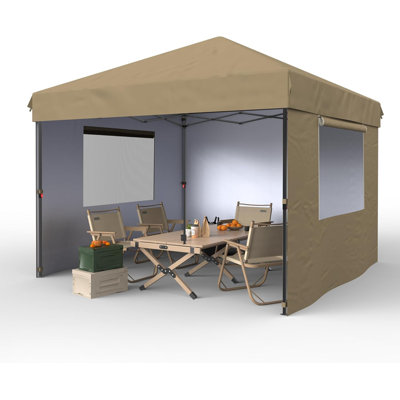 Tente à auvent escamotable kaki 10 x 10 pi avec 3 parois latérales, pavillon de jardin extérieur robuste pour les fêtes dans la cour ou abri de plage portatif
