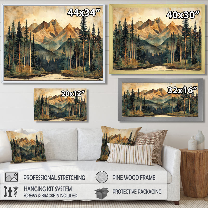 «Giovonie Mountain Treescape Mountain Layers II», art mural montagnes, H 24 po x l 32 po, Reproduction avec cadre flottant