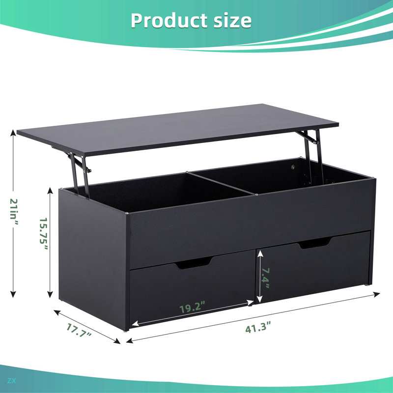 Table basse à plateau relevable avec tables centrales de rangement, compartiment caché et 2 tiroirs, table de canapé pour le salon