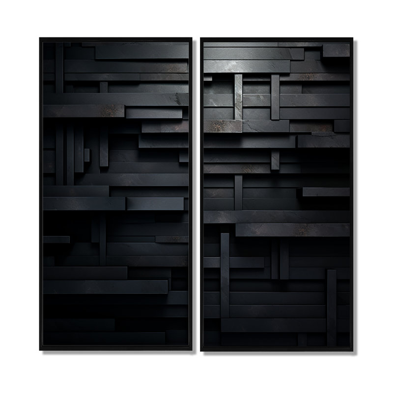 «Black Brick Cube Dimensions V», art mural abstrait géométrique, ensemble de 2 impressions sur toile, H 20 po x l 24 po, Noir
