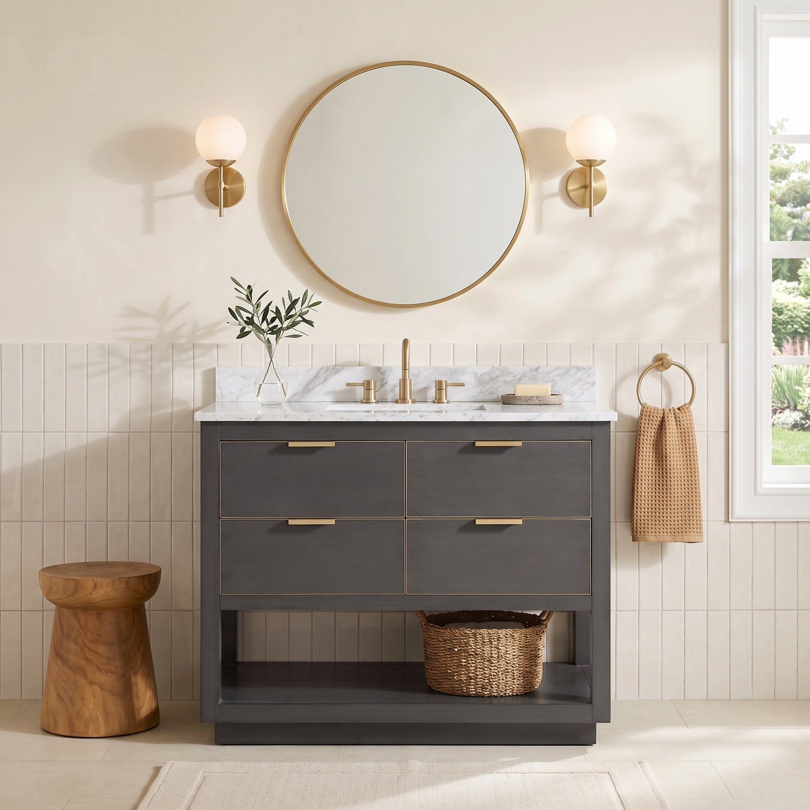 Allie Single Bathroom Vanity, White, 42"W, Carrara White Marble/Silver
