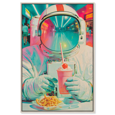 Impression sur toile encadrée « Astronaute de Mall Court », style rétro urbain et glamour, par Art Remedy, cadre argenté, 30 x 45