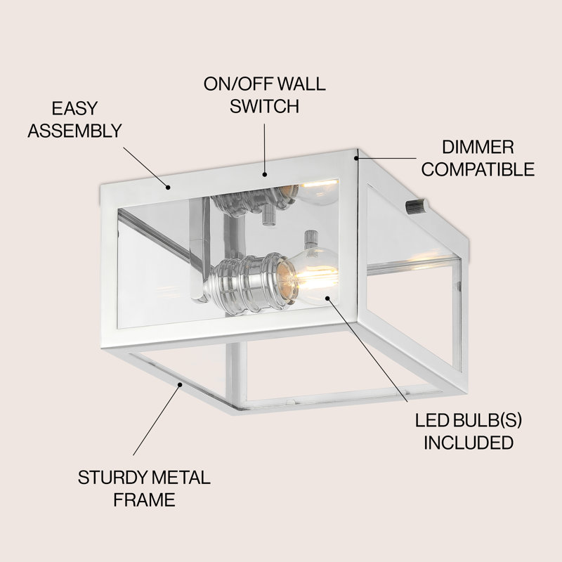 Bechtold Farmhouse Industrial Square Iron/Glass Case LED Flush Mount, Chrome, 5" H x 8" W x 8" D
