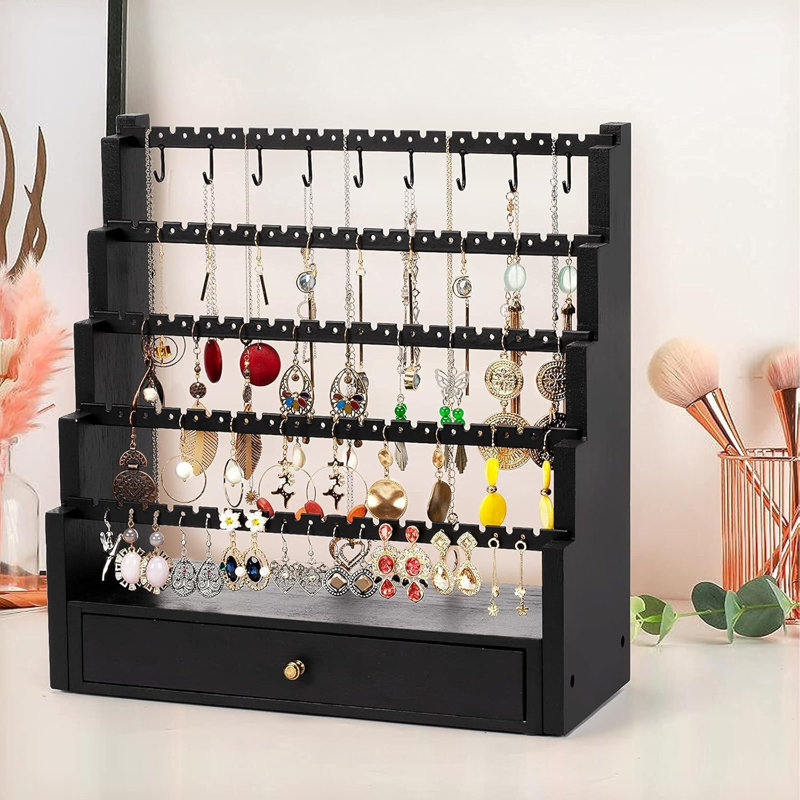 Organisateur de boucle d'oreille, organisateur de support de boucle d'oreille à 5 couches avec support de collier en métal, présentoir de support de bijoux en bois rustique pour anneau de collier de boucles d'oreille, 175 trous de boucles d'oreilles