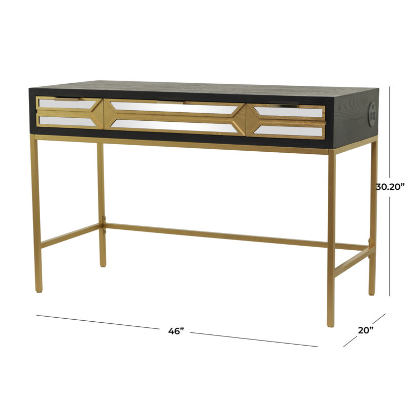 Thetisa Wooden 3 Drawers Desk with Mirrored Front and Outlet, Black/Gold