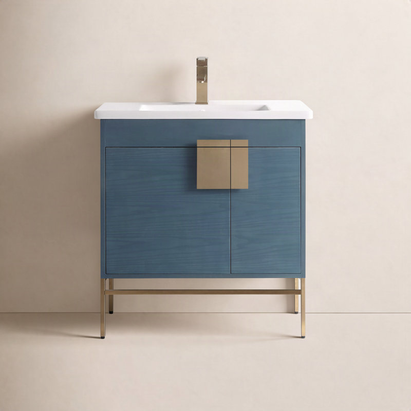 Ensemble de meuble-lavabo simple 30 po Maisie, Bleu français, Laiton satiné