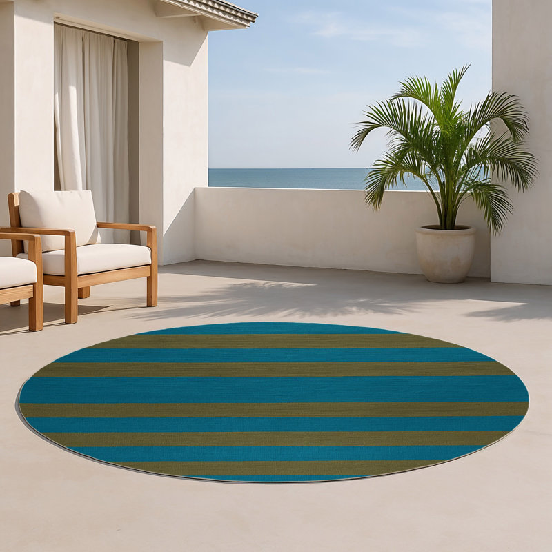Tapis intérieur / extérieur bleu HorizontalStripes, Rond 5 pi