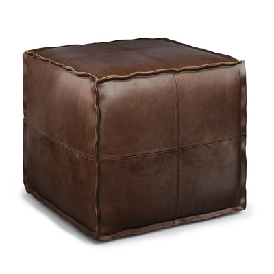  Brody Square Pouf in Distressed Dark Brown, Rustic Ottoman for Coffee Table or Seat