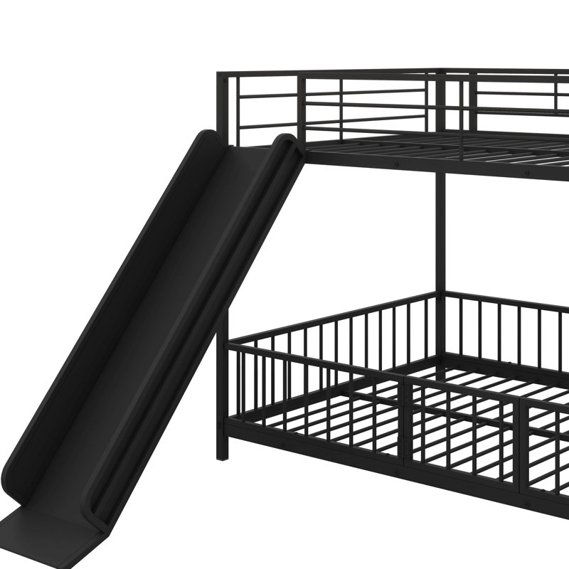 Lit superposé fonctionnel en métal avec étagères grillagées et armoire intégrée, Double sur double, Noir