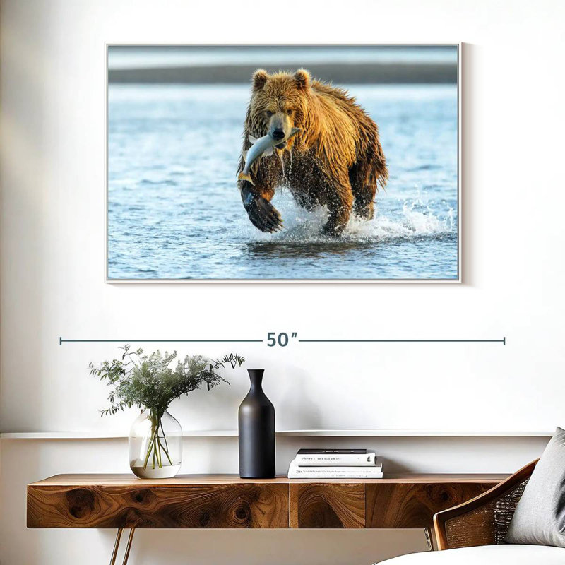Grizzly avec saumon, Cadre flottant blanc, 40 po x 27 po