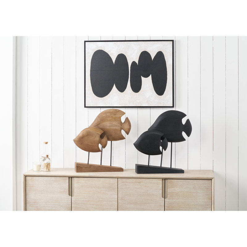 Handcarved Mango Wood Double Teardrop Angelfish Ornament, Black