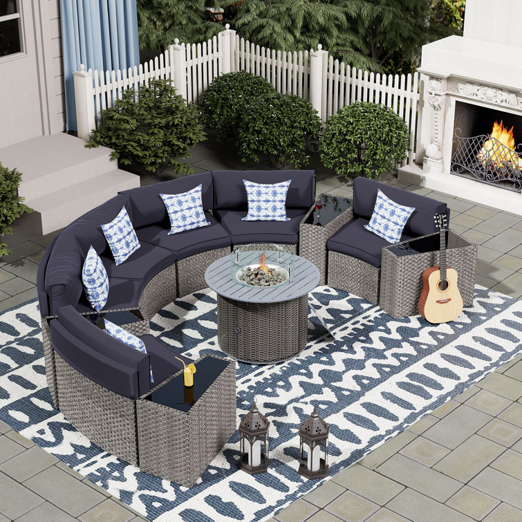 Dartmore Half-Moon 6 - Person Fully Assembled Curved Patio Conversation Set With Fire Pit Table or Coffee Table