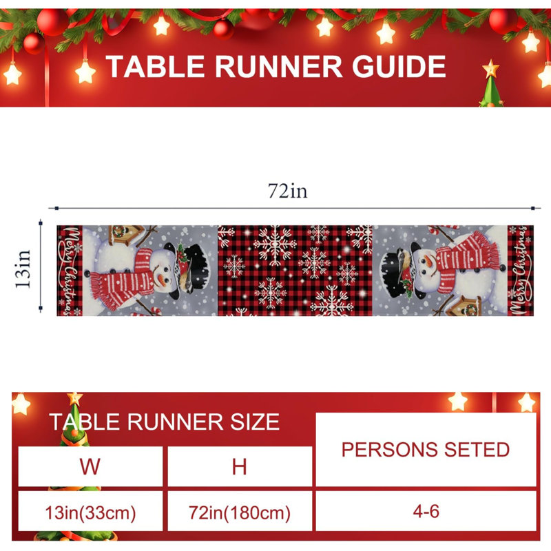 Red And Black Check Plaid Snowman Snowflake Merry Christmas Table Runner, 13 X 72 Inch Kitchen Dining Table Decoration For Indoor Outdoor Home Party Décor