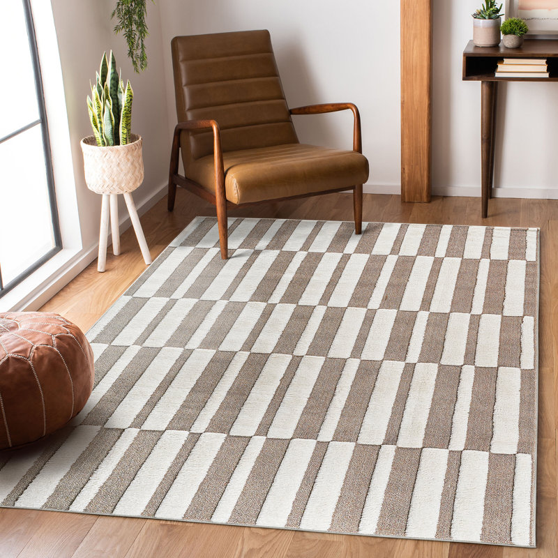 Step Collection High-Low Striped Beige/Cream Indoor Area Rug, 6 Versatile Sizes - Modern Contemporary Geometric Bohemian Non-Shedding Carpet For Bedroom, Kitchen, Living Room & Doormat